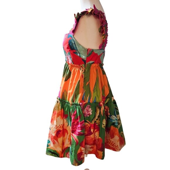 Farm Rio Foliage Cotton Tiered Minidress Ruffled Straps Vibrant Floral Print XS - Picture 8 of 16